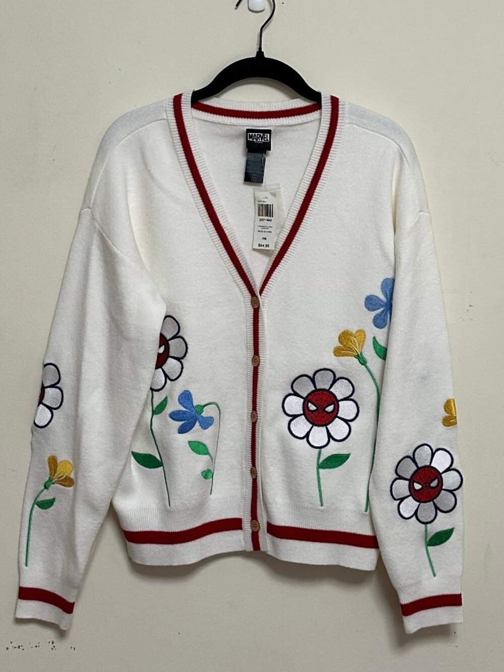 Marvel Spider-Man Floral Embroidered Cardigan White Red S NWT
